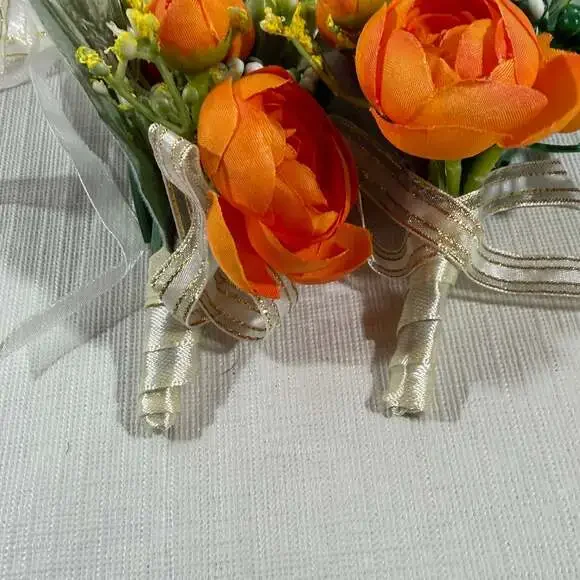 Orange Silk Rose Boutonniere and Wrist Corsage Set - Picture 7 of 8